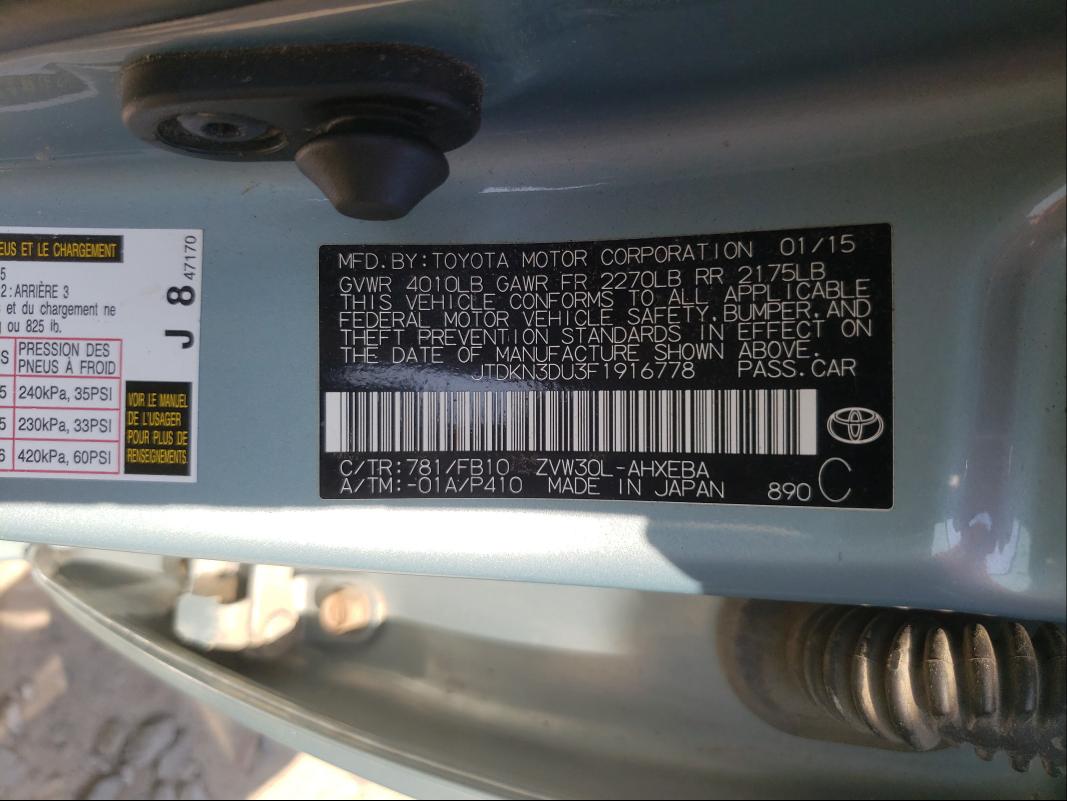 Photo 10 from auction – 2015 TOYOTA PRIUS with VIN JTDKN3DU3F1916778