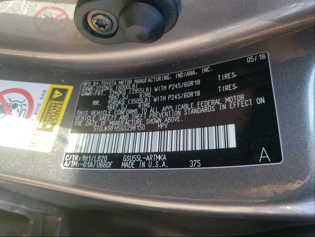 Photo 10 from auction – 2016 TOYOTA HIGHLANDER with VIN 5TDJKRFH5GS298150