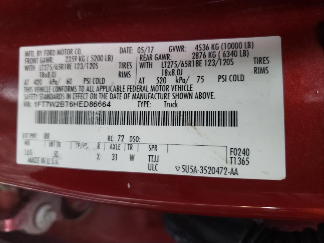 Photo 10 from auction – 2017 FORD F250 with VIN 1FT7W2BT6HED86664