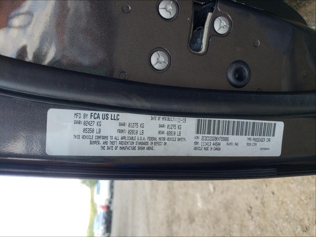 Photo 10 from auction – 2019 DODGE CHALLENGER with VIN 2C3CDZGG9KH759886
