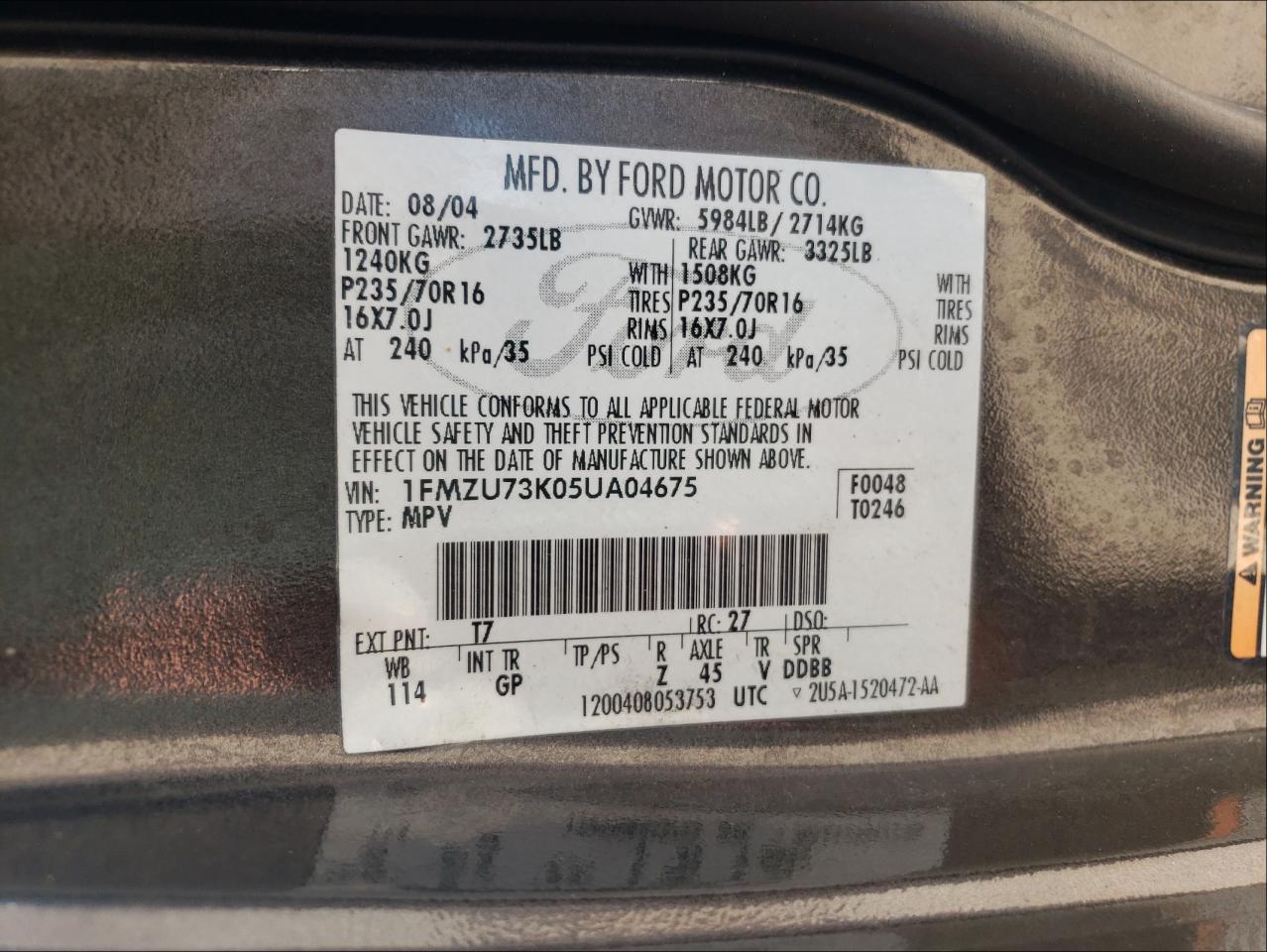 Photo 10 from auction – 2005 FORD EXPLORER with VIN 1FMZU73K05UA04675
