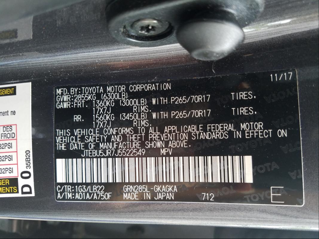 Photo 10 from auction – 2018 TOYOTA 4RUNNER SR with VIN JTEBU5JR7J5522549