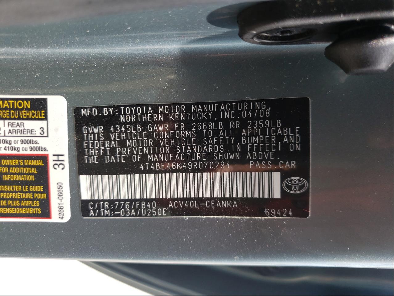 Photo 10 from auction – 2009 TOYOTA CAMRY BASE with VIN 4T4BE46K49R070294