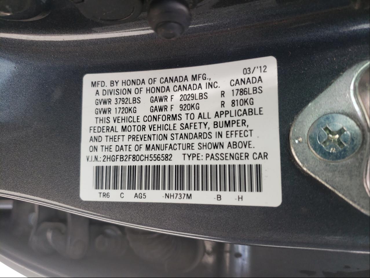 Photo 10 from auction – 2012 HONDA CIVIC EX with VIN 2HGFB2F80CH556582