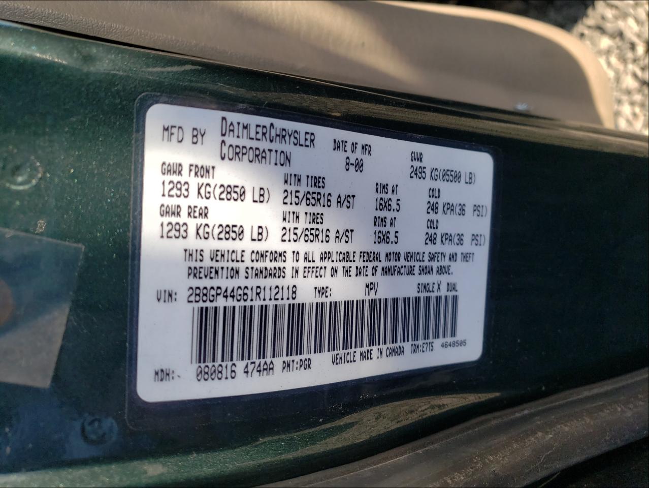 Photo 10 from auction – 2001 DODGE GRAND CARA with VIN 2B8GP44G61R112118