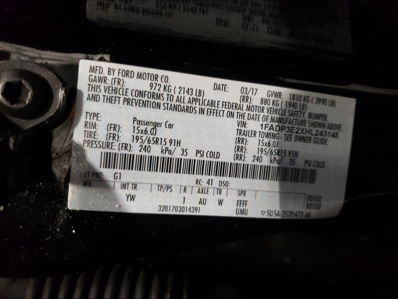 Photo 10 from auction – 2017 FORD FOCUS S with VIN 1FADP3E2XHL243145
