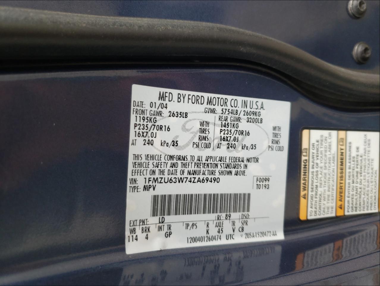 Photo 10 from auction – 2004 FORD EXPLORER X with VIN 1FMZU63W74ZA69490