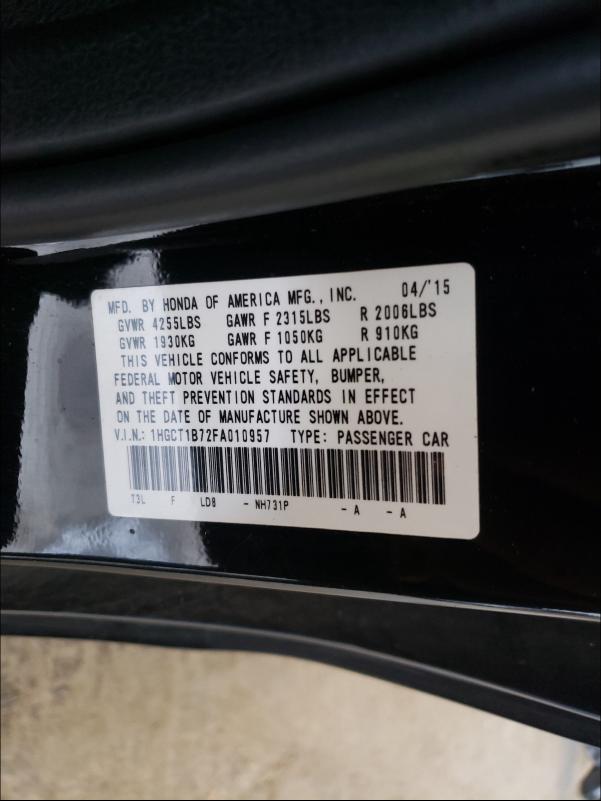 Photo 10 from auction – 2015 HONDA ACCORD EX with VIN 1HGCT1B72FA010957