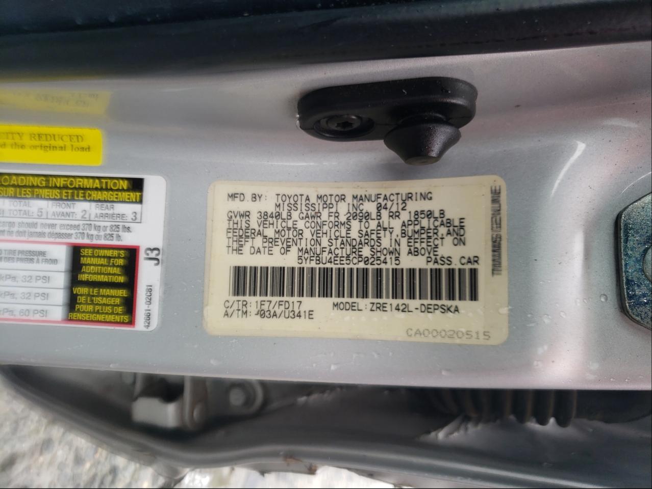 Photo 10 from auction – 2012 TOYOTA COROLLA BA with VIN 5YFBU4EE5CP025415