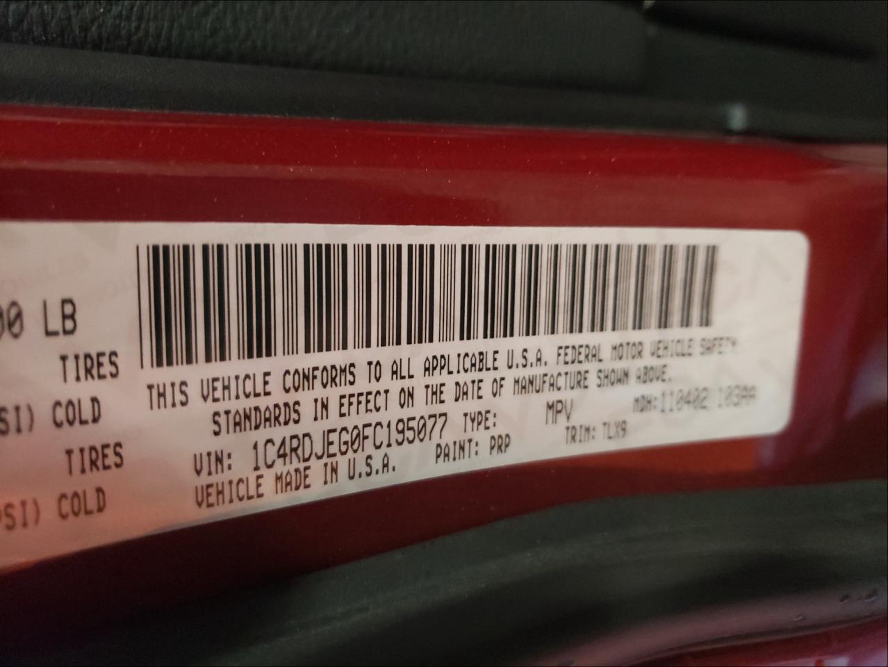 Photo 10 from auction – 2015 DODGE DURANGO CI with VIN 1C4RDJEG0FC195077