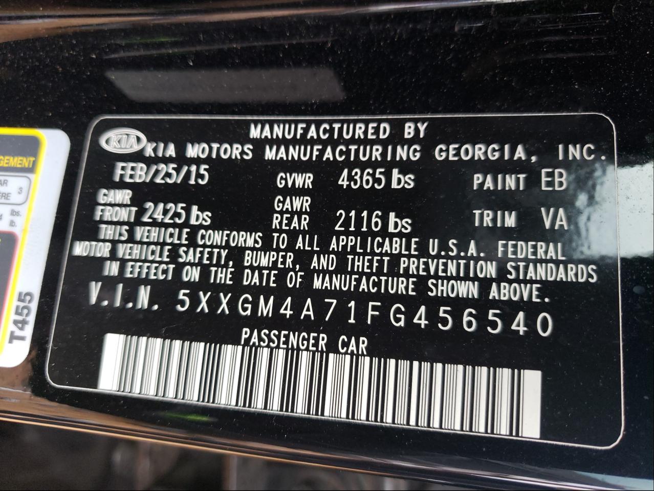 Photo 10 from auction – 2015 KIA OPTIMA LX with VIN 5XXGM4A71FG456540