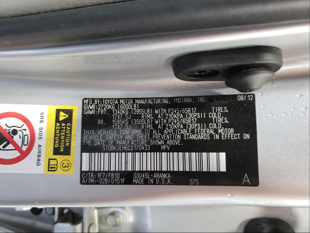 Photo 10 from auction – 2012 TOYOTA HIGHLANDER with VIN 5TDBK3EH6CS170433