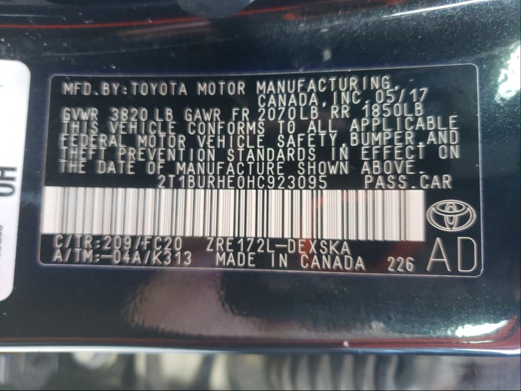Photo 10 from auction – 2017 TOYOTA COROLLA L with VIN 2T1BURHE0HC923095