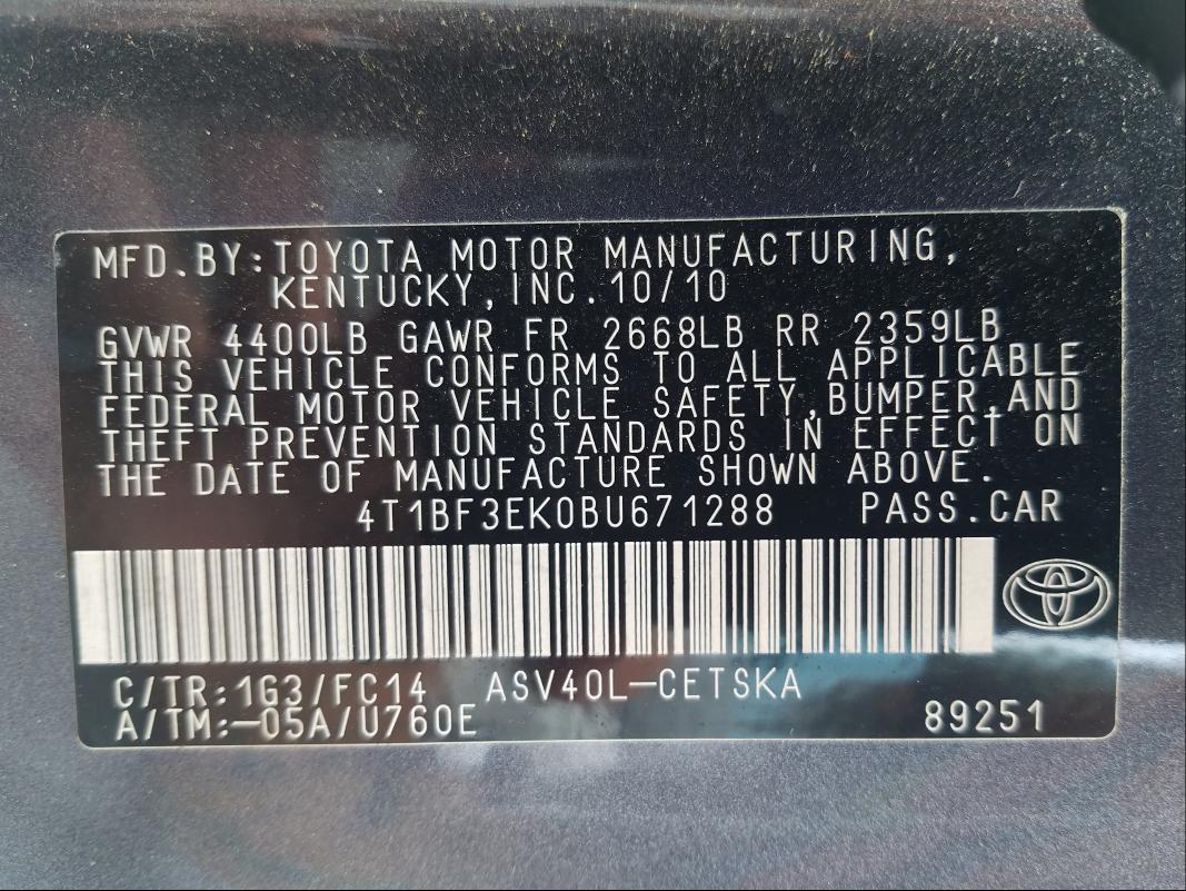 Photo 10 from auction – 2011 TOYOTA CAMRY BASE with VIN 4T1BF3EK0BU671288
