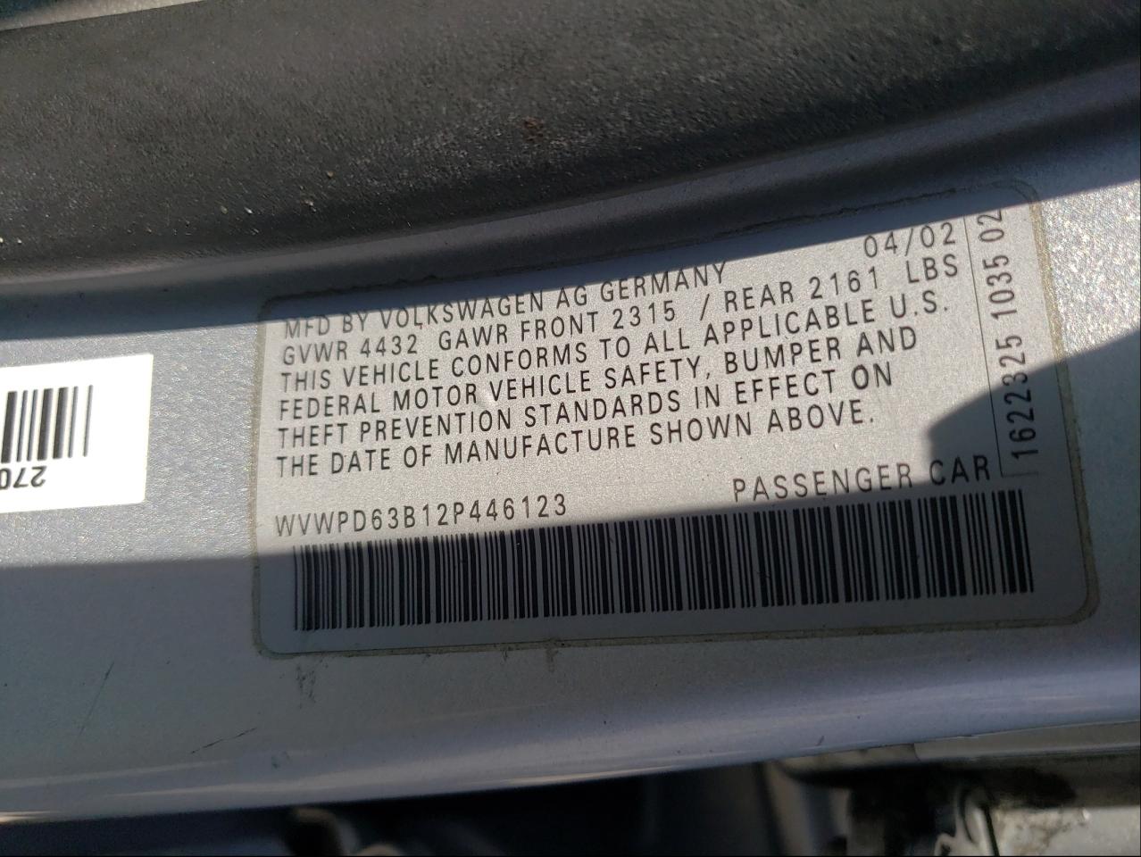Photo 10 from auction – 2002 VOLKSWAGEN PASSAT GLS with VIN WVWPD63B12P446123