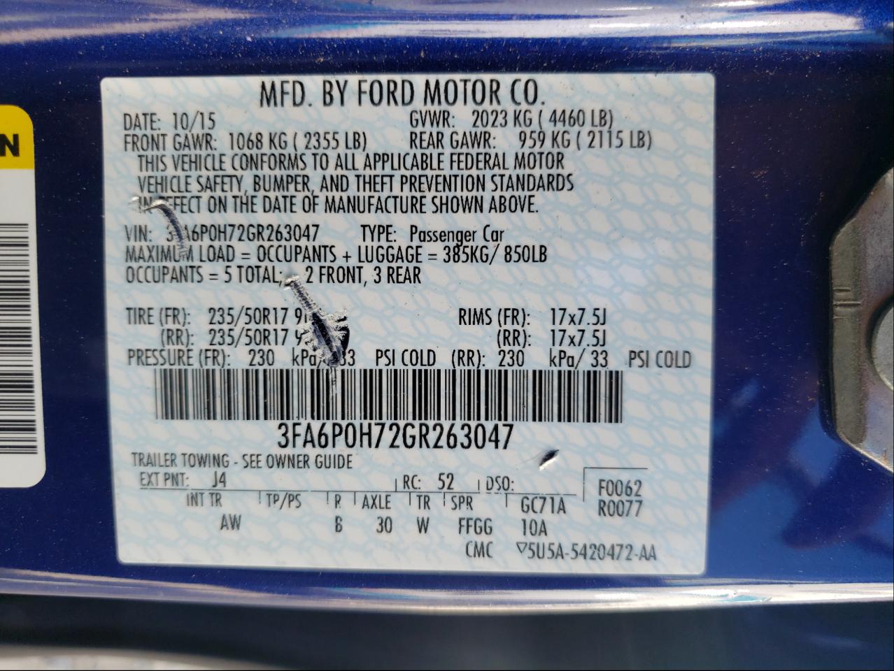 Photo 10 from auction – 2016 FORD FUSION SE with VIN 3FA6P0H72GR263047