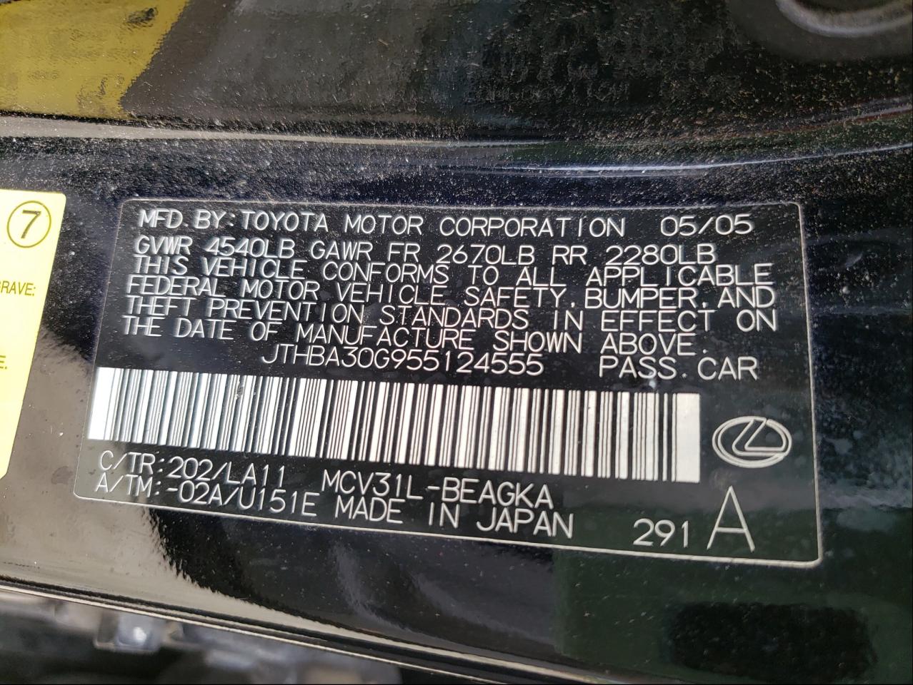 Photo 10 from auction – 2005 LEXUS ES 330 with VIN JTHBA30G955124555