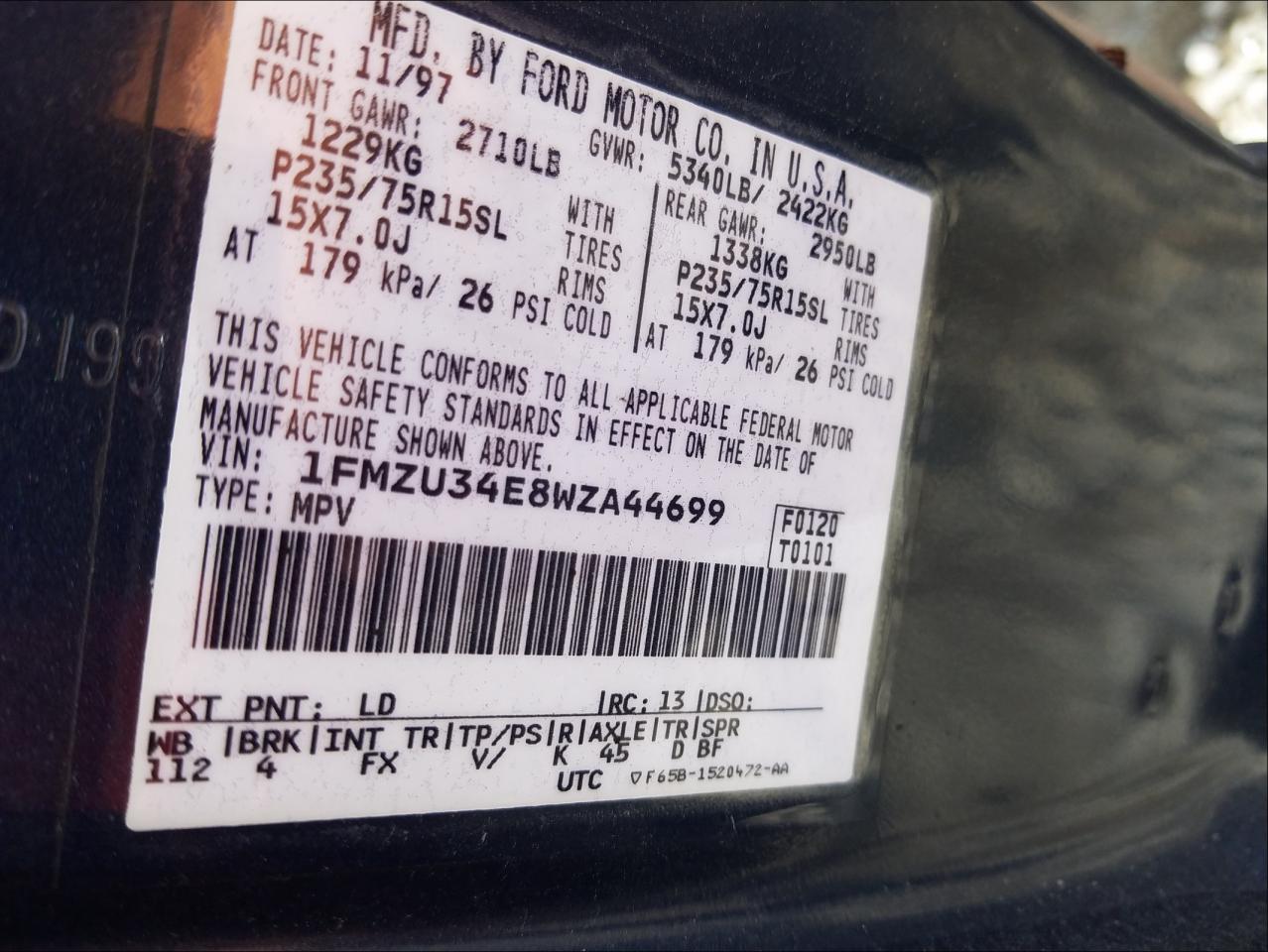 Photo 10 from auction – 1998 FORD EXPLORER with VIN 1FMZU34E8WZA44699