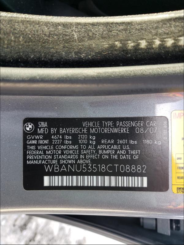 Photo 10 from auction – 2008 BMW 528 I with VIN WBANU53518CT08882