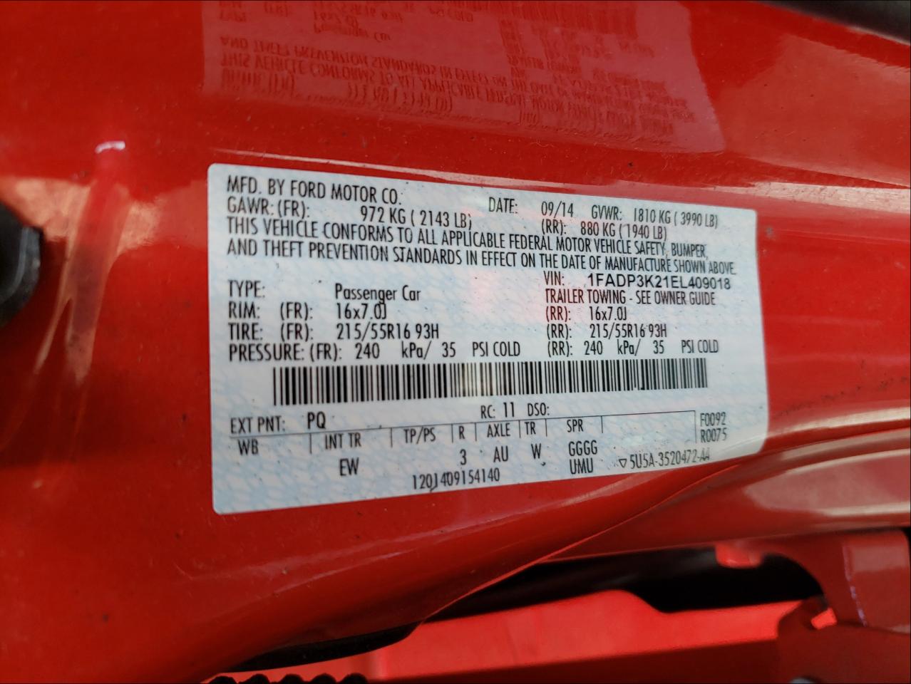 Photo 10 from auction – 2014 FORD FOCUS SE with VIN 1FADP3K21EL409018