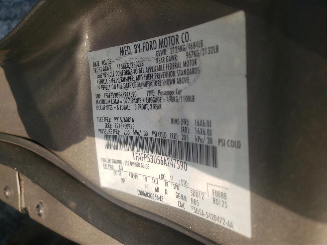 Photo 10 from auction – 2006 FORD TAURUS SE with VIN 1FAFP53U56A247590