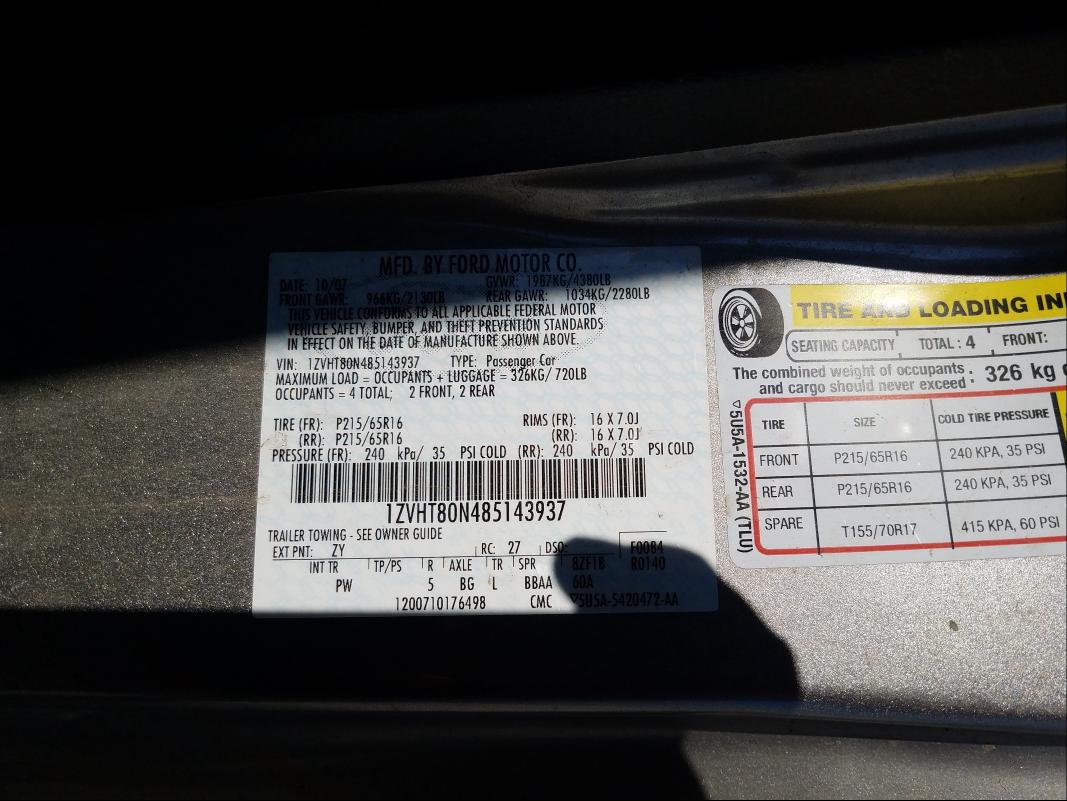 Photo 10 from auction – 2008 FORD MUSTANG with VIN 1ZVHT80N485143937