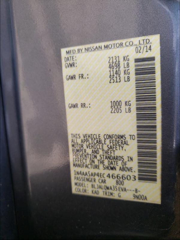 Photo 10 from auction – 2014 NISSAN MAXIMA S with VIN 1N4AA5AP4EC466603