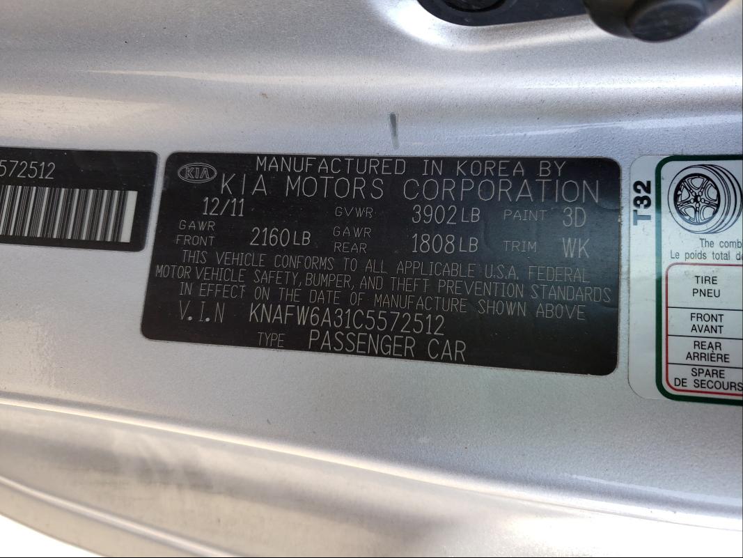 Photo 10 from auction – 2012 KIA FORTE SX with VIN KNAFW6A31C5572512