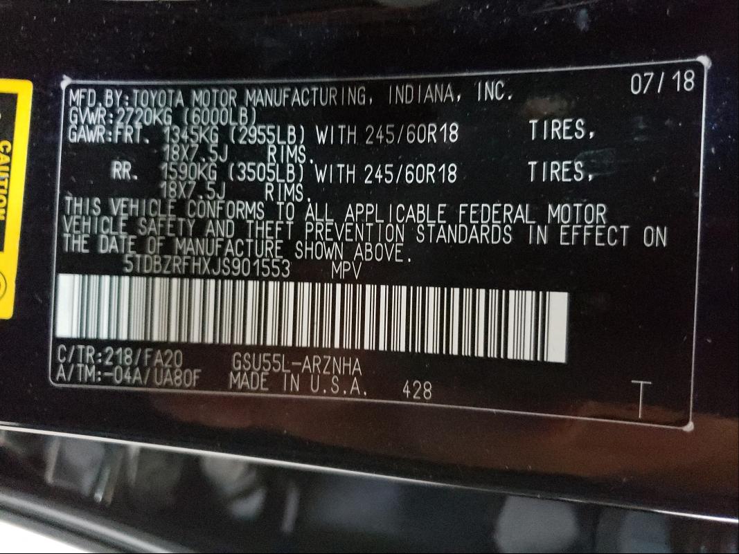 Photo 10 from auction – 2018 TOYOTA HIGHLANDER with VIN 5TDBZRFHXJS901553