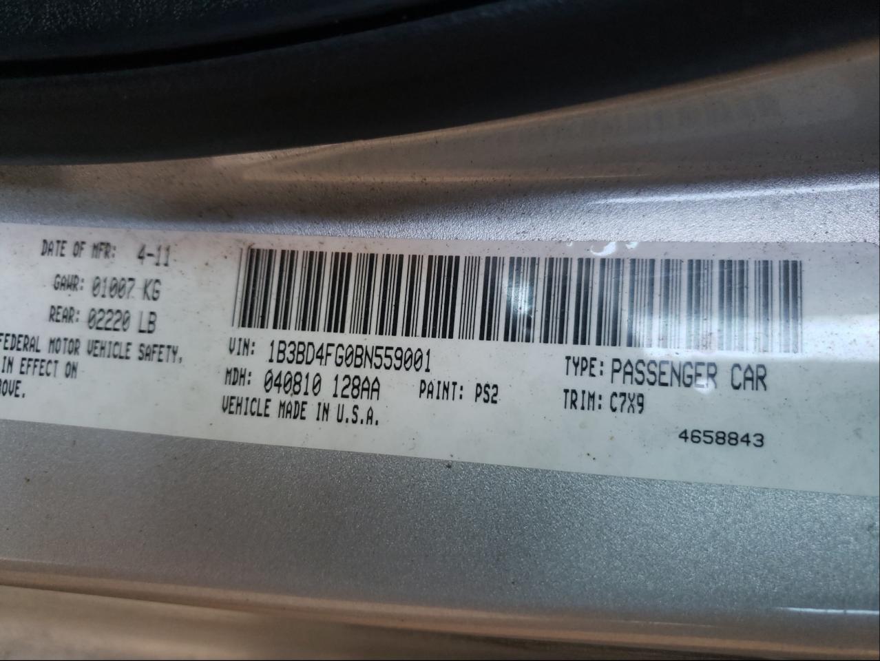 Photo 10 from auction – 2011 DODGE AVENGER EX with VIN 1B3BD4FG0BN559001