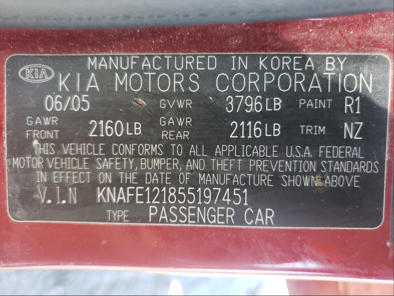 Photo 10 from auction – 2005 KIA SPECTRA LX with VIN KNAFE121855197451