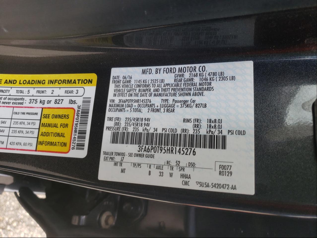 Photo 10 from auction – 2017 FORD FUSION with VIN 3FA6P0T95HR145276