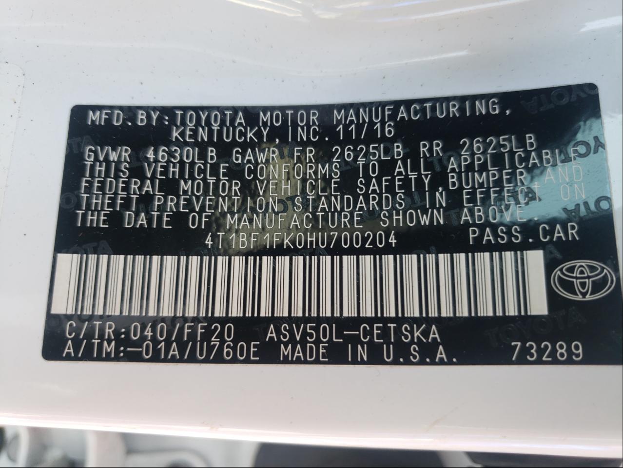 Photo 10 from auction – 2017 TOYOTA CAMRY LE with VIN 4T1BF1FK0HU700204