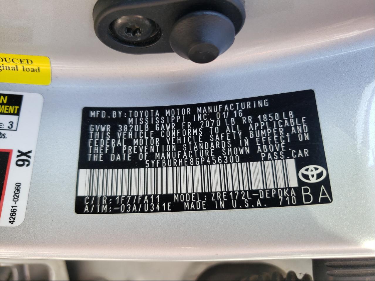 Photo 10 from auction – 2016 TOYOTA COROLLA L with VIN 5YFBURHE8GP456300