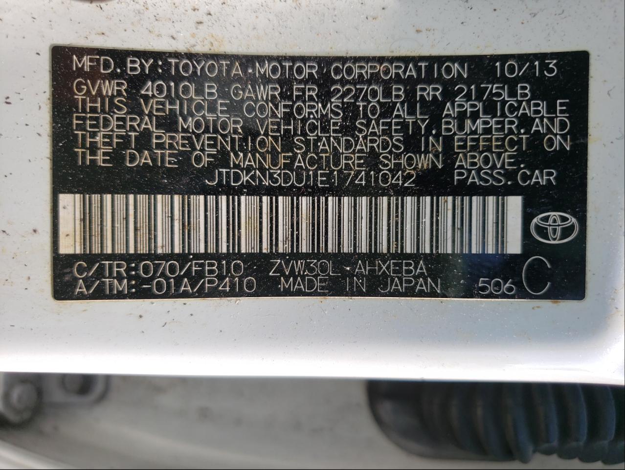 Photo 10 from auction – 2014 TOYOTA PRIUS with VIN JTDKN3DU1E1741042