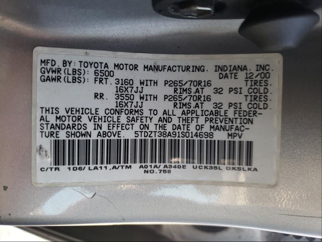 Photo 10 from auction – 2001 TOYOTA SEQUOIA LI with VIN 5TDZT38A91S014698