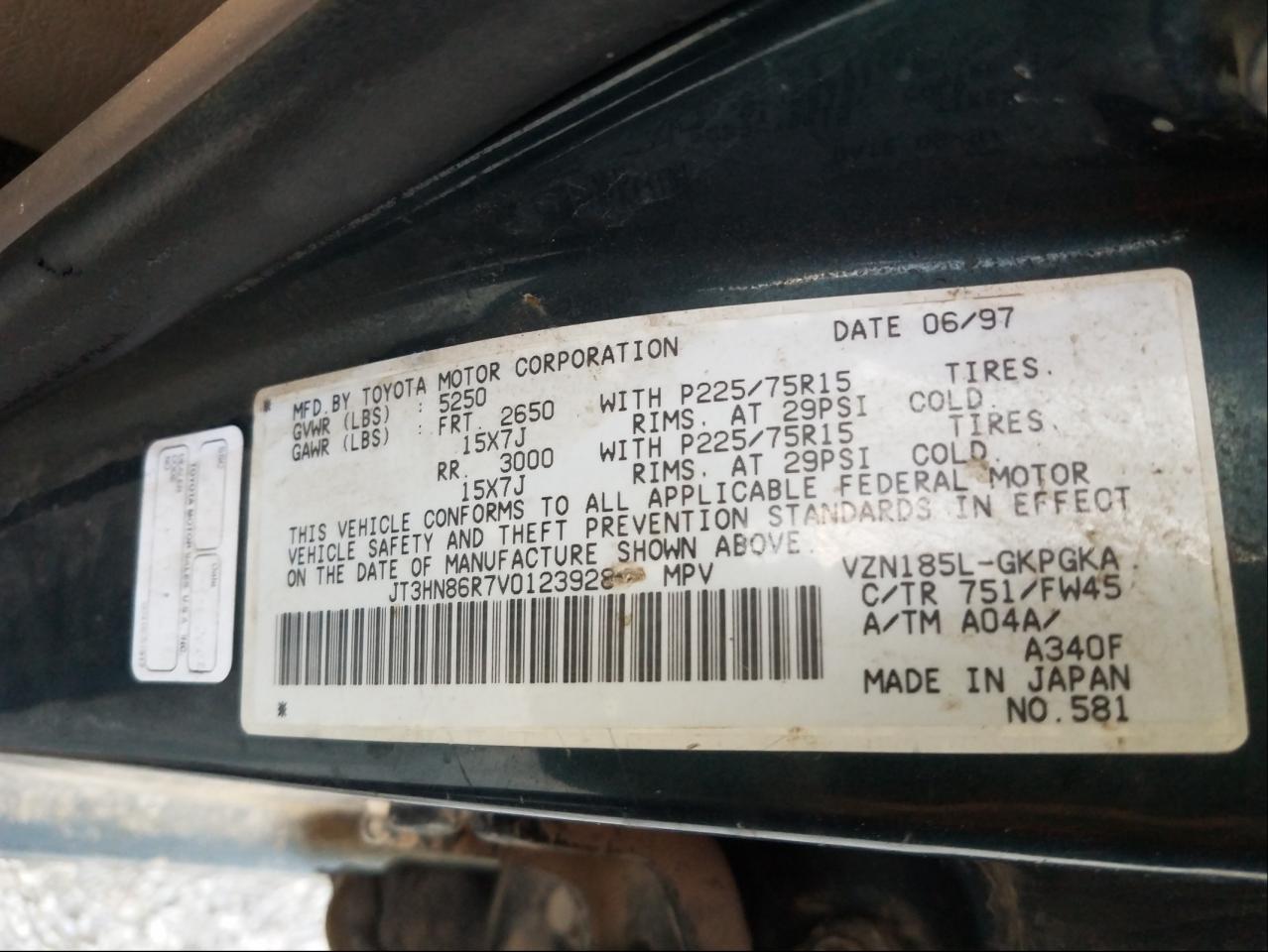 Photo 10 from auction – 1997 TOYOTA 4 RUNNER with VIN JT3HN86R7V0123928
