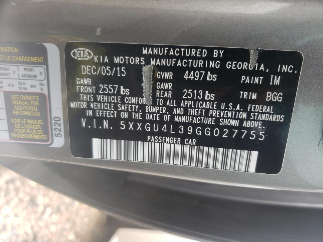 Photo 10 from auction – 2016 KIA OPTIMA EX with VIN 5XXGU4L39GG027755
