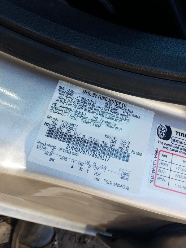 Photo 10 from auction – 2007 LINCOLN MKZ with VIN 3LNHM26T17R636517