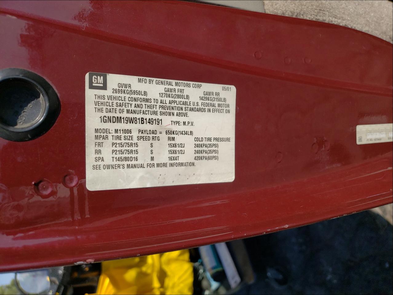 Photo 10 from auction – 2001 CHEVROLET ASTRO with VIN 1GNDM19W81B149191
