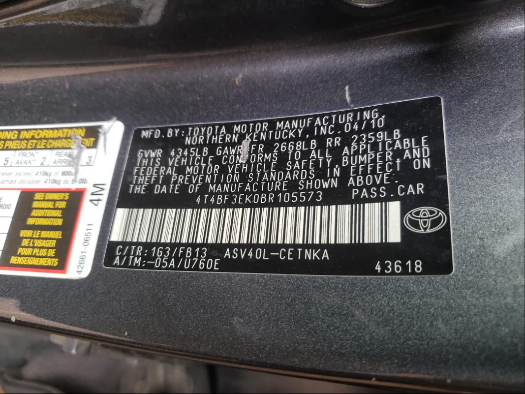 Photo 10 from auction – 2011 TOYOTA CAMRY BASE with VIN 4T4BF3EK0BR105573