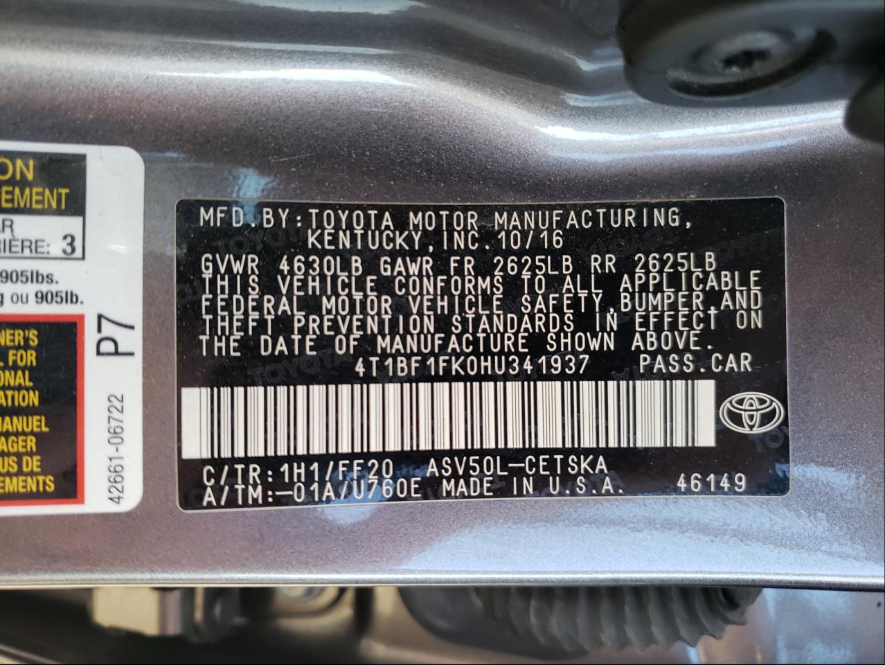 Photo 10 from auction – 2017 TOYOTA CAMRY LE with VIN 4T1BF1FK0HU341937