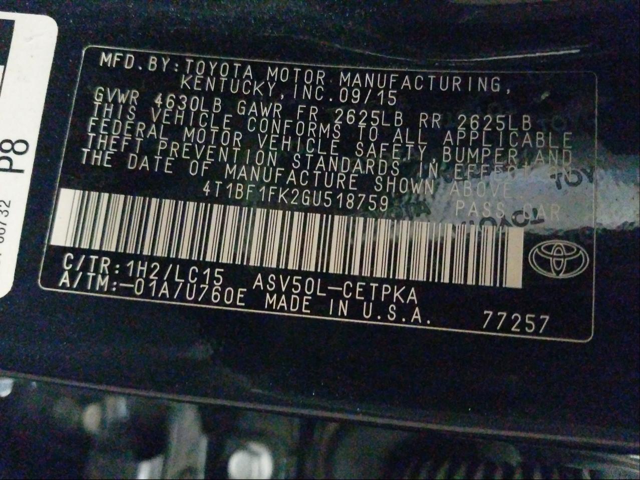 Photo 10 from auction – 2016 TOYOTA CAMRY LE with VIN 4T1BF1FK2GU518759