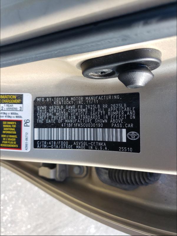 Photo 10 from auction – 2012 TOYOTA CAMRY BASE with VIN 4T1BF1FK5CU030190