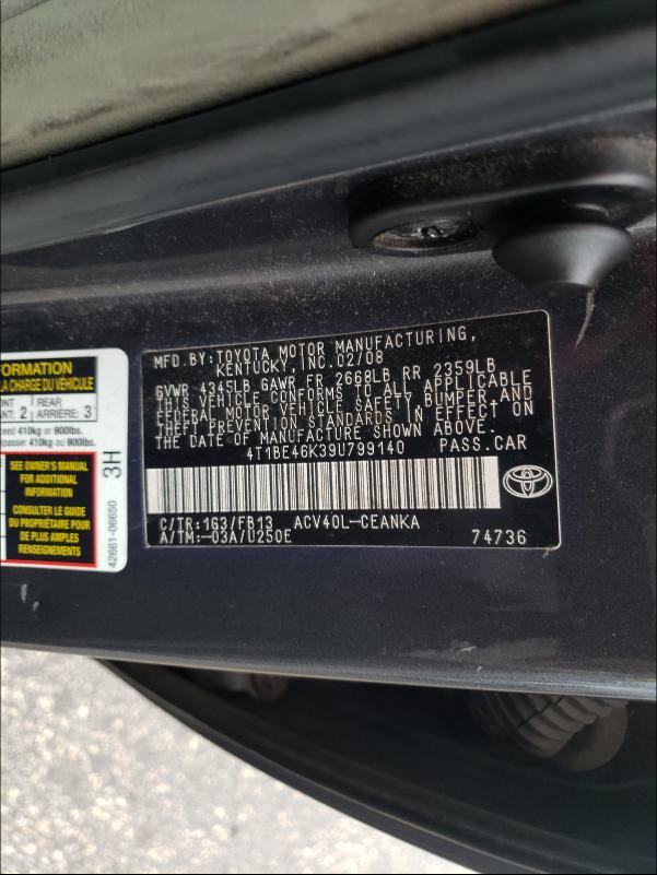 Photo 1 from auction – 2009 TOYOTA CAMRY BASE with VIN 4T1BE46K39U799140