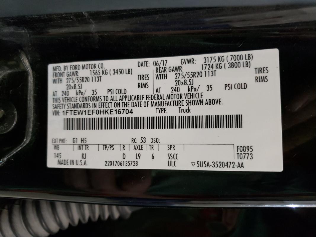Photo 10 from auction – 2017 FORD F150 SUPER with VIN 1FTEW1EF0HKE16704
