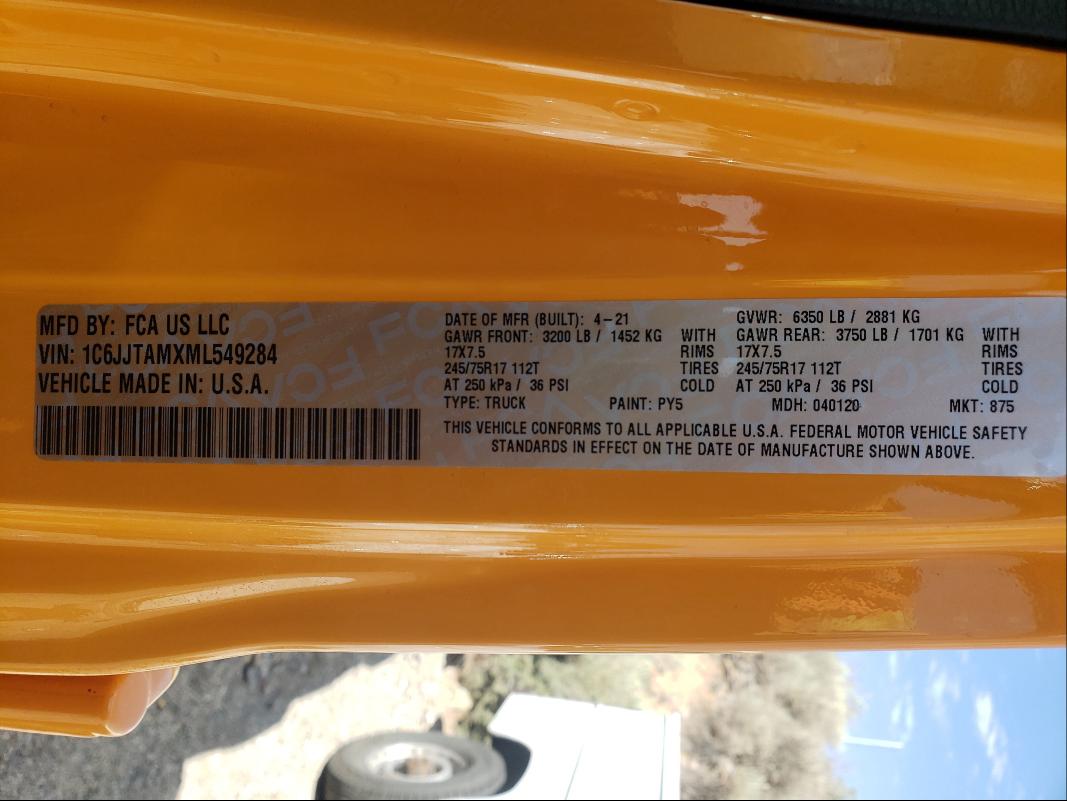 Photo 10 from auction – 2021 JEEP GLADIATOR with VIN 1C6JJTAMXML549284