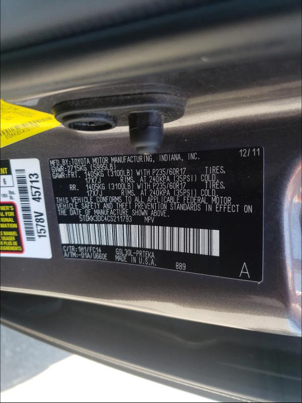 Photo 10 from auction – 2012 TOYOTA SIENNA LE with VIN 5TDKK3DC4CS211793