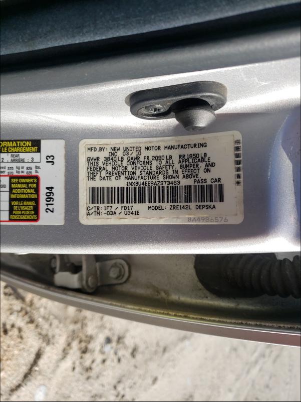 Photo 10 from auction – 2010 TOYOTA COROLLA BA with VIN 1NXBU4EE8AZ373463