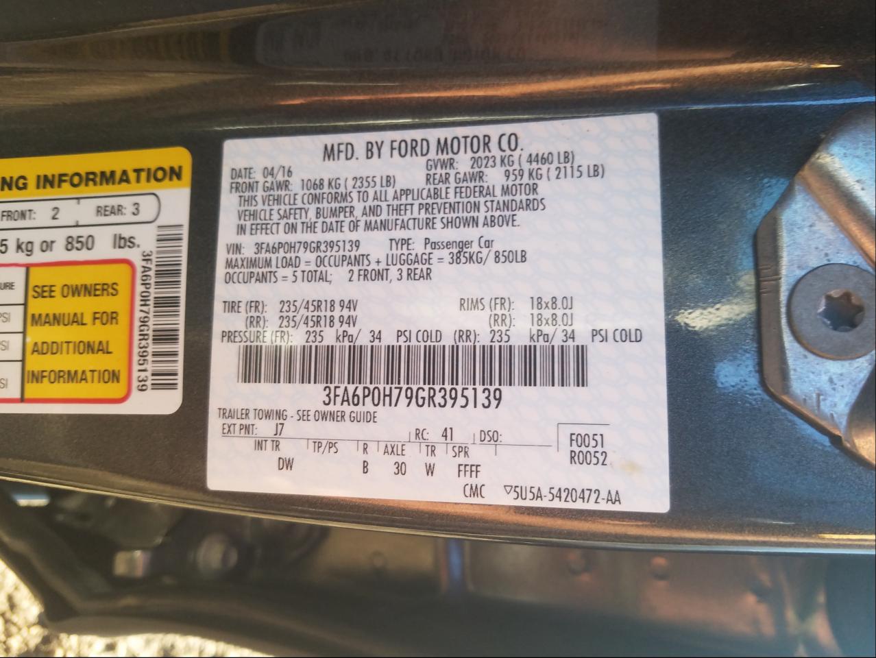 Photo 10 from auction – 2016 FORD FUSION SE with VIN 3FA6P0H79GR395139